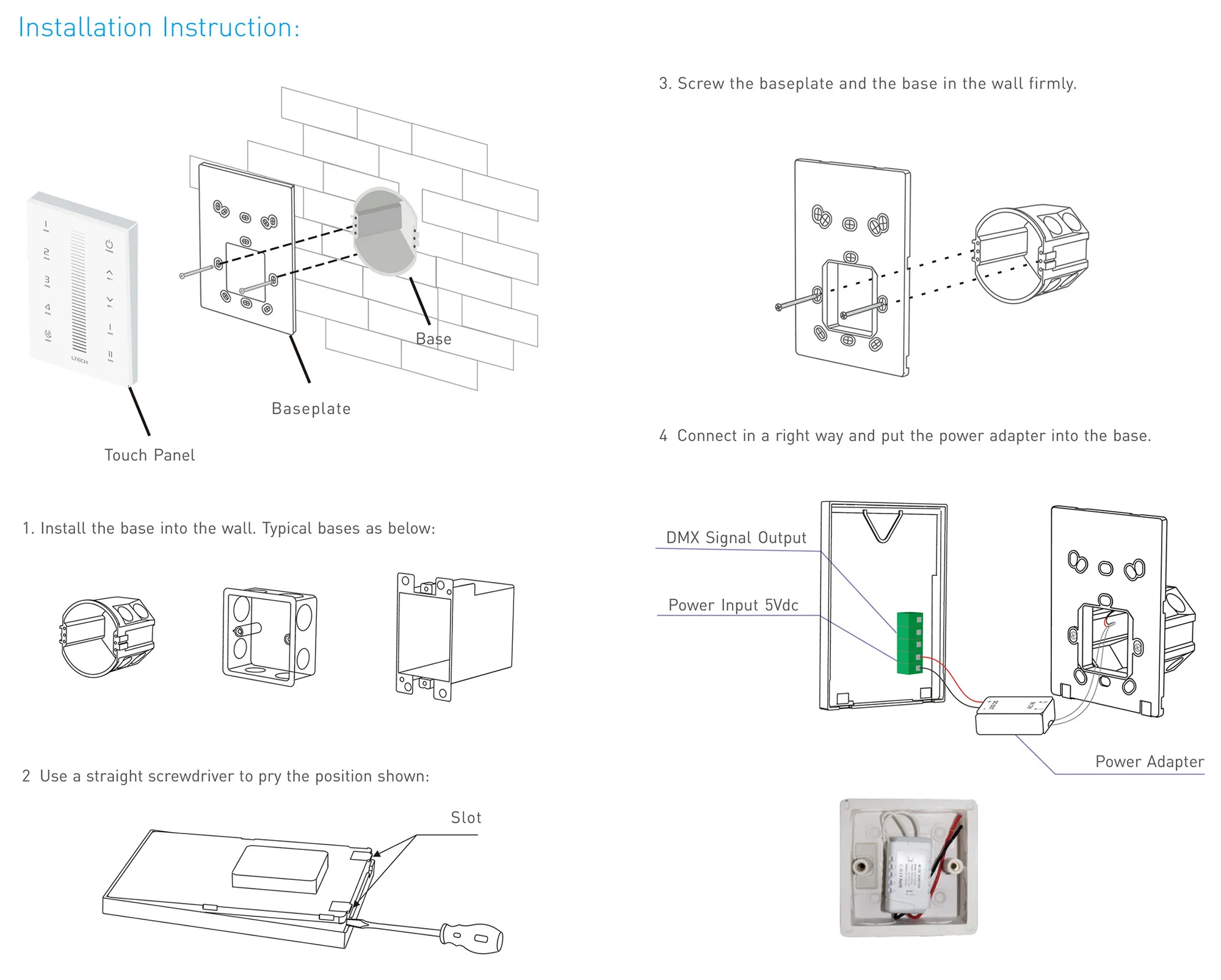 RF 2.4GHz, DMX512 interface Dimming Capacitive Touch Panel, 5V 0.5-1A input, Dimming/Zone control, IP44. UX5  LTECH Touch Panel